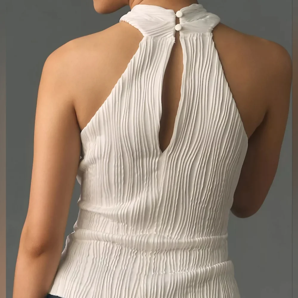 Anthropologie Cream Pleated Halter Top - Picture 2 of 5